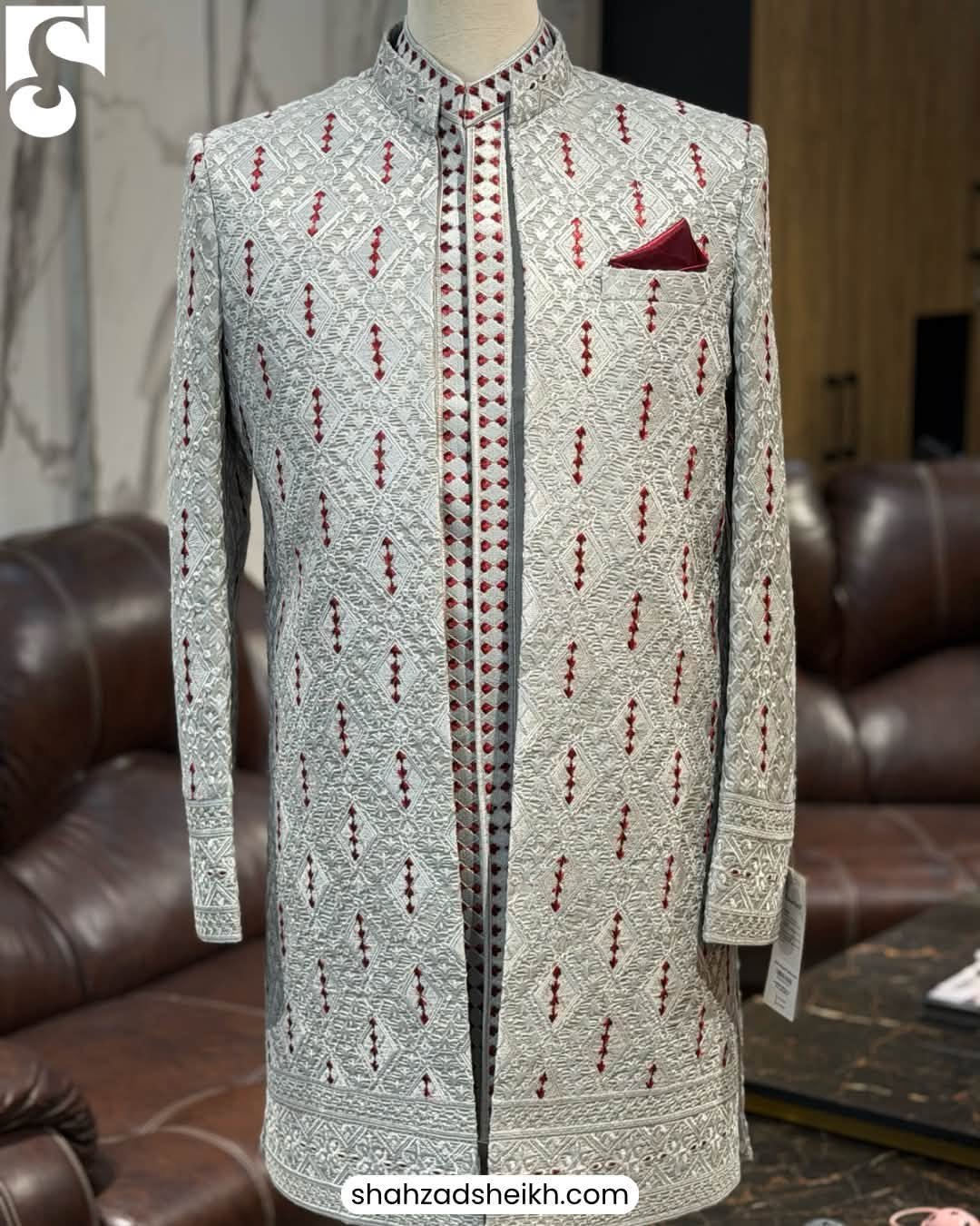 Royal Silver Raw Silk Threadwork Gown Suit | GS-014 - Image 2