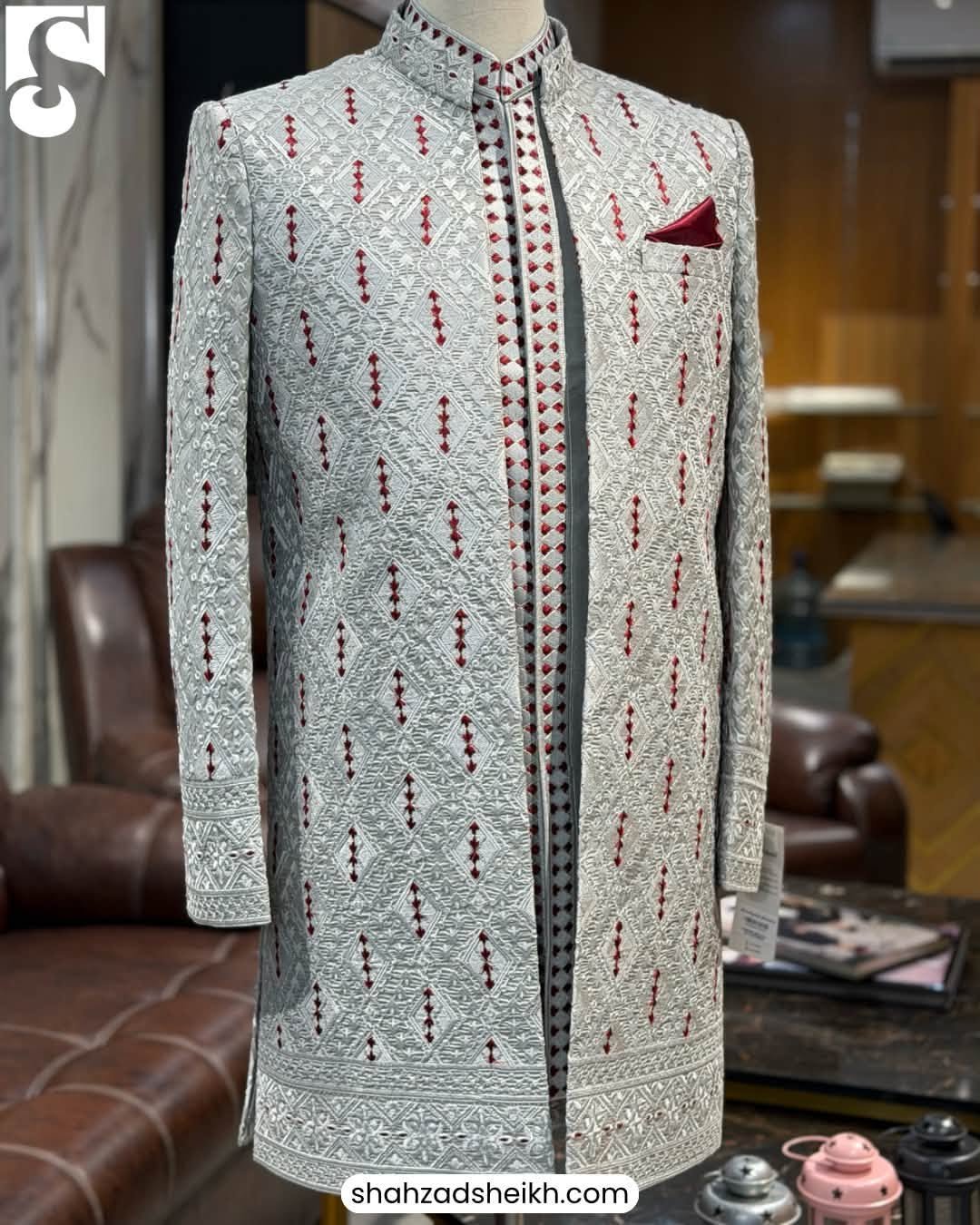 Royal Silver Raw Silk Threadwork Gown Suit | GS-014 - Image 4