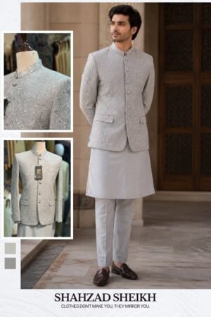 Silver Royale Threadwork Prince Coat – Exclusive Raw Silk | PC-0190