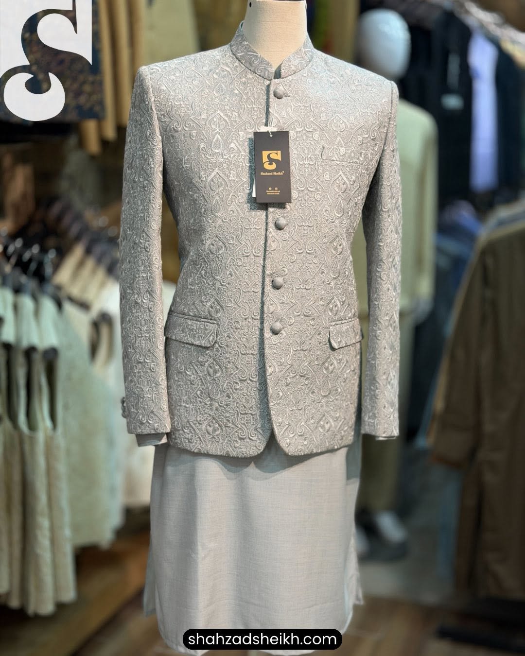 Silver Royale Threadwork Prince Coat – Exclusive Raw Silk | PC-0190 - Image 4