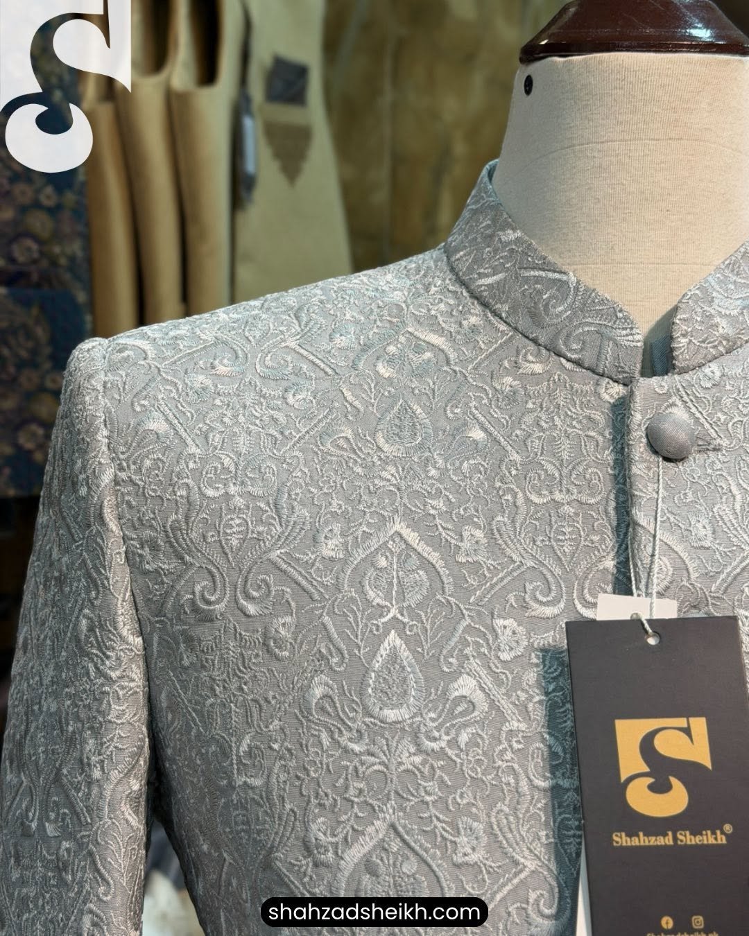 Silver Royale Threadwork Prince Coat – Exclusive Raw Silk | PC-0190 - Image 3