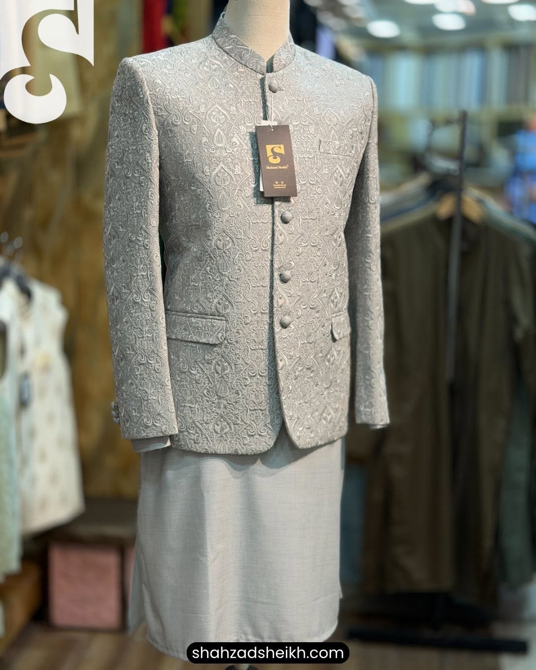 Silver Royale Threadwork Prince Coat – Exclusive Raw Silk | PC-0190 - Image 2