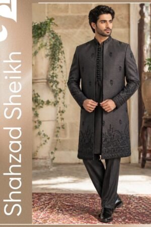 Midnight Royale Hand-Filled Front Open Gown Suit – Premium Jamawar Silk | PC-0190