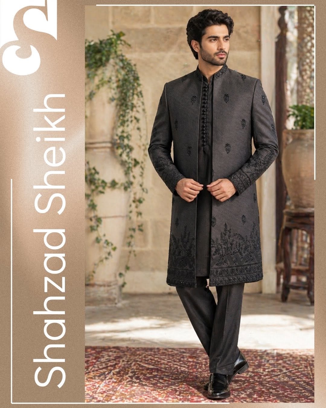 Midnight Royale Hand-Filled Front Open Gown Suit – Premium Jamawar Silk | PC-0190