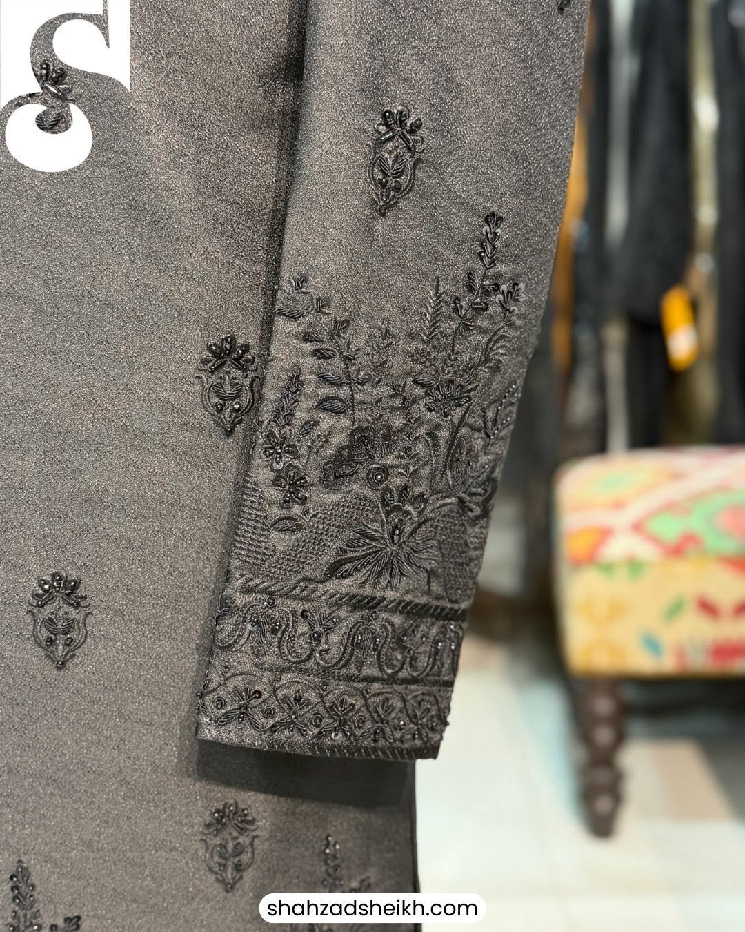 Midnight Royale Hand-Filled Front Open Gown Suit – Premium Jamawar Silk | PC-0190 - Image 5