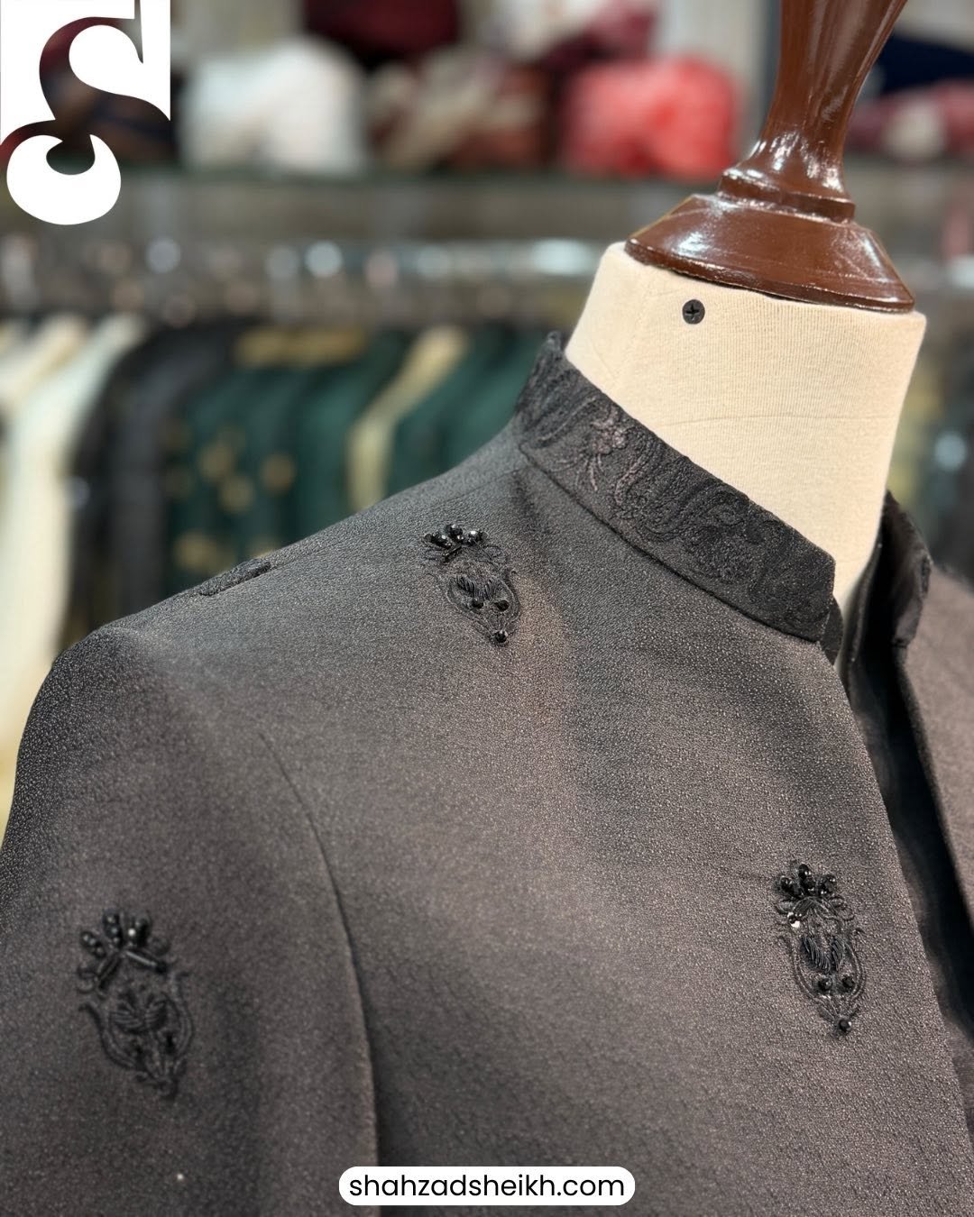 Midnight Royale Hand-Filled Front Open Gown Suit – Premium Jamawar Silk | PC-0190 - Image 4