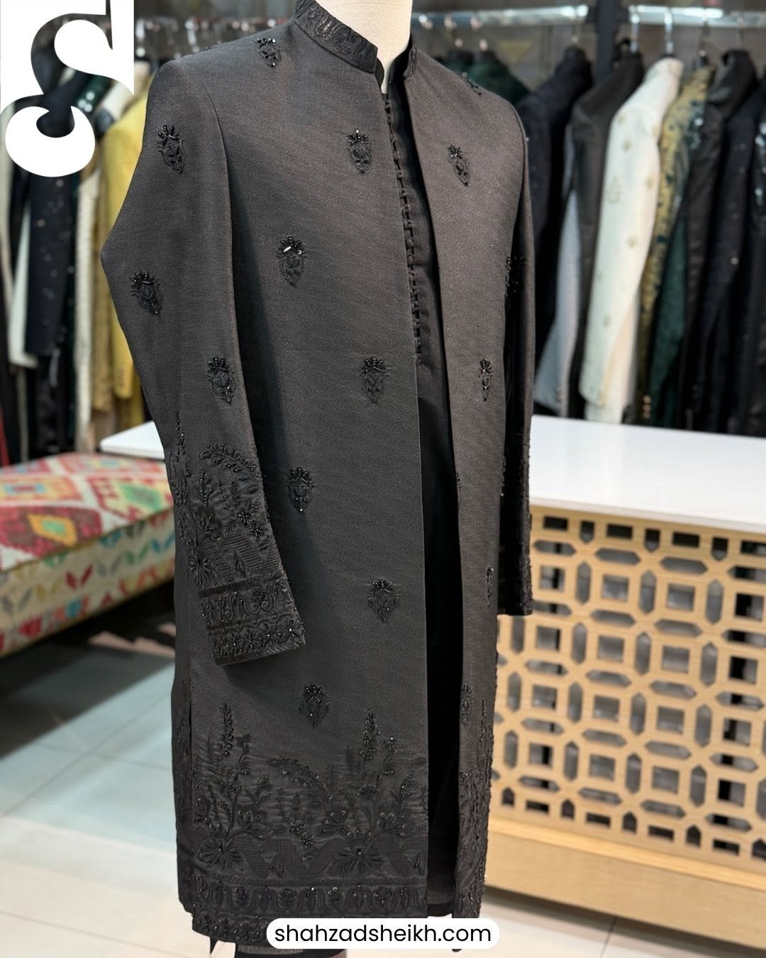 Midnight Royale Hand-Filled Front Open Gown Suit – Premium Jamawar Silk | PC-0190 - Image 3