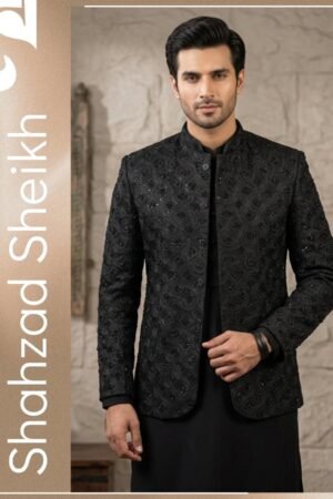 Black Royale Hand-Embroidered Prince Coat – Premium Raw Silk | PC-0186