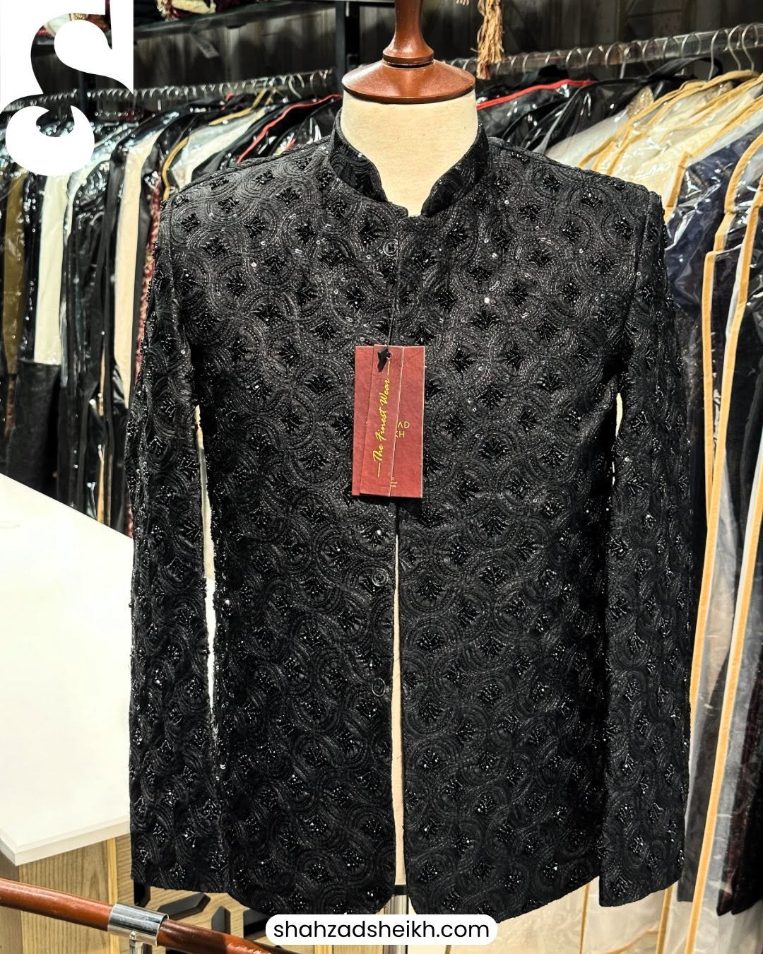 Black Royale Hand-Embroidered Prince Coat – Premium Raw Silk | PC-0186 - Image 2
