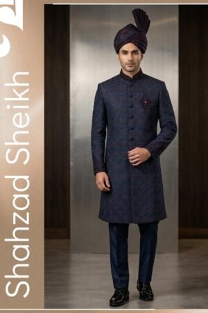 Midnight Sapphire Hand-Filled Sherwani – Premium Raw Silk Thread & Glitter Work | CS-029