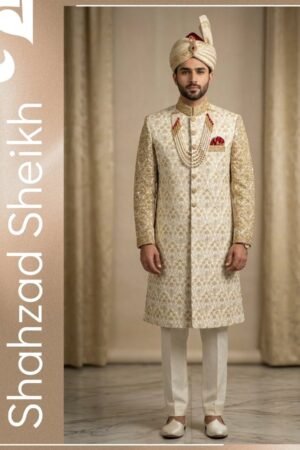 Ivory Royale Hand-Filled Sherwani – Premium Raw Silk Thread & Glitter Work | CS-028