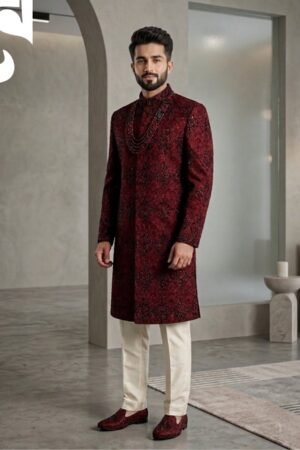 Mehroon Royale Hand-Filled Sherwani – Premium Raw Silk Thread & Glitter Work | CS-031