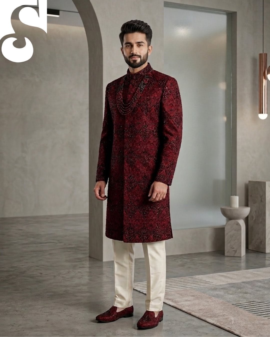 Mehroon Royale Hand-Filled Sherwani – Premium Raw Silk Thread & Glitter Work | CS-031